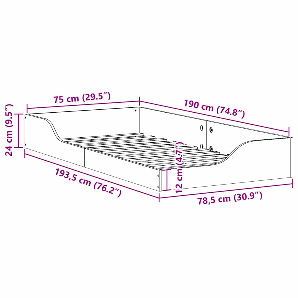 Floor Bed Frame Wax brown 75 x 190 cm Solid pine wood