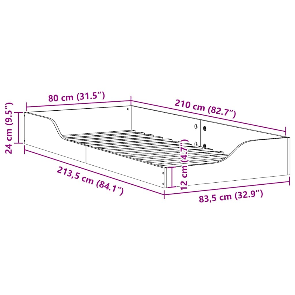 Floor Bed Frame White 80 x 210 cm Solid pine wood