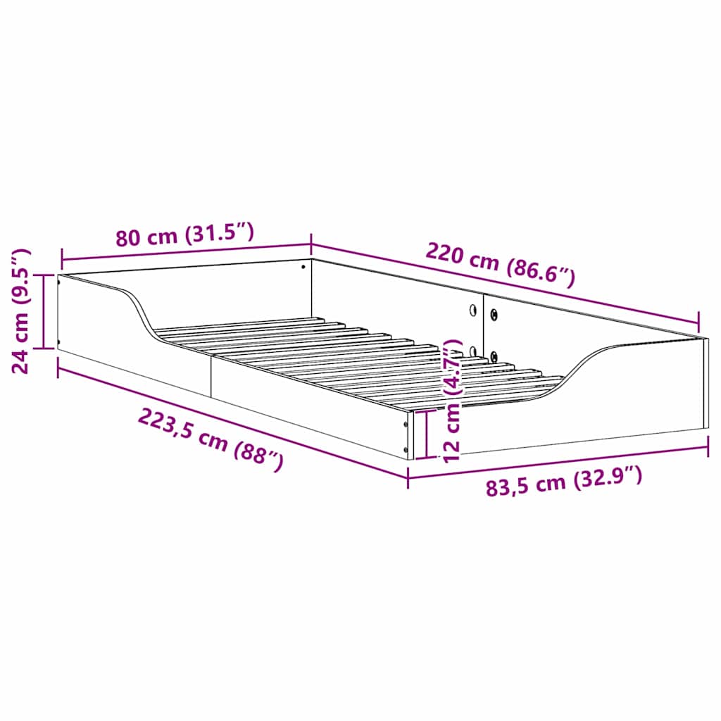 Floor Bed Frame Brown 80 x 220 cm Solid pine wood