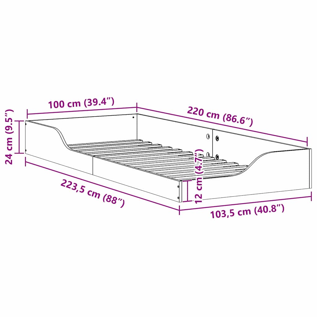 Floor Bed Frame White 100 x 220 cm Solid pine wood