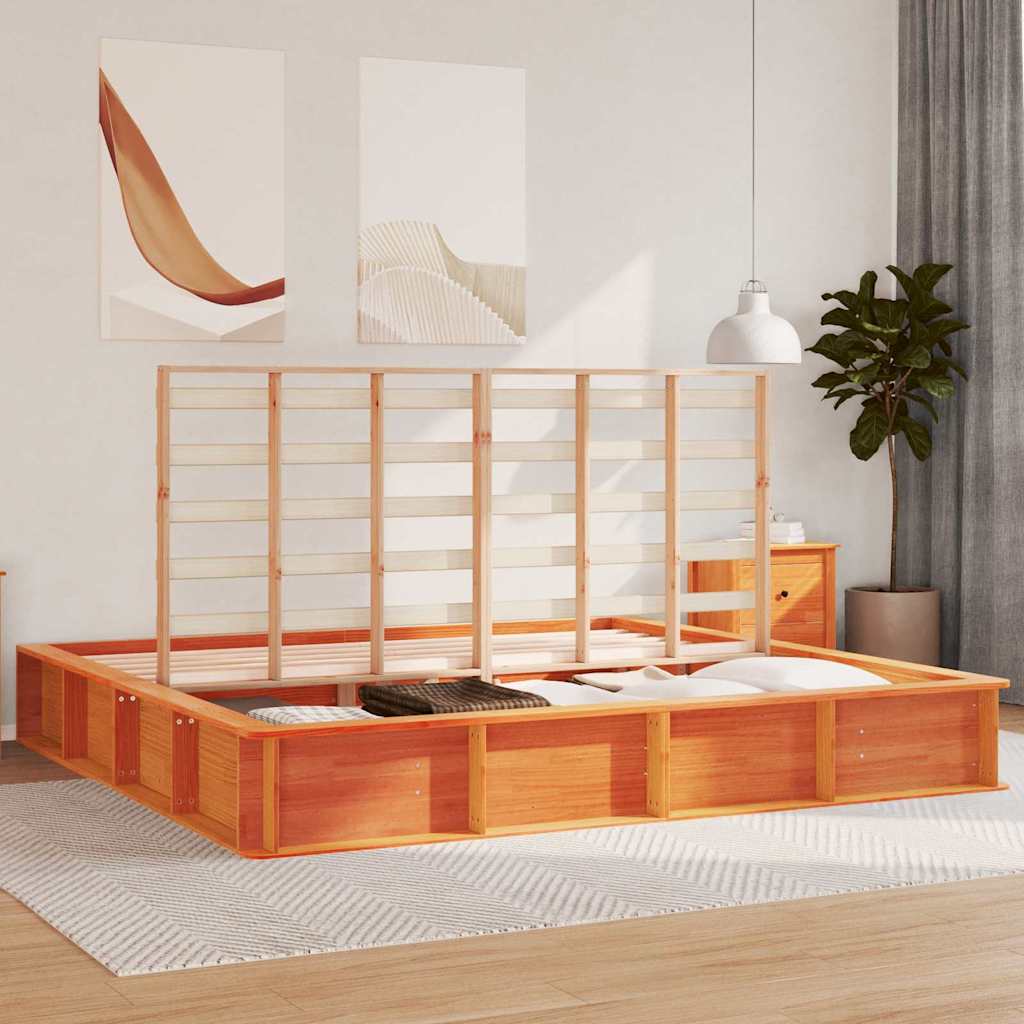 Bed Frame with Storage Wax brown 200 x 200 cm Solid Pine Wood