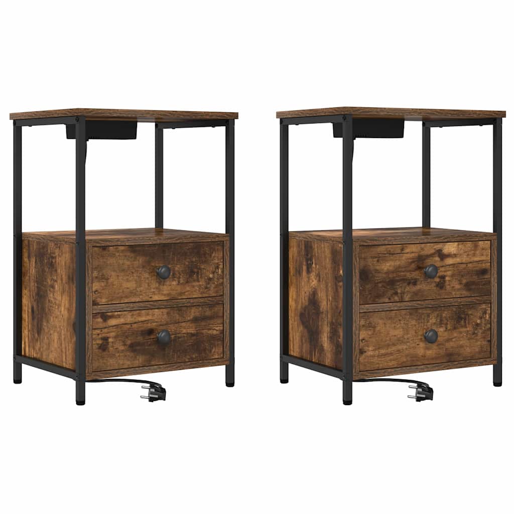 Bedside Cabinet with Charging Station 2 pcs Smoked oak