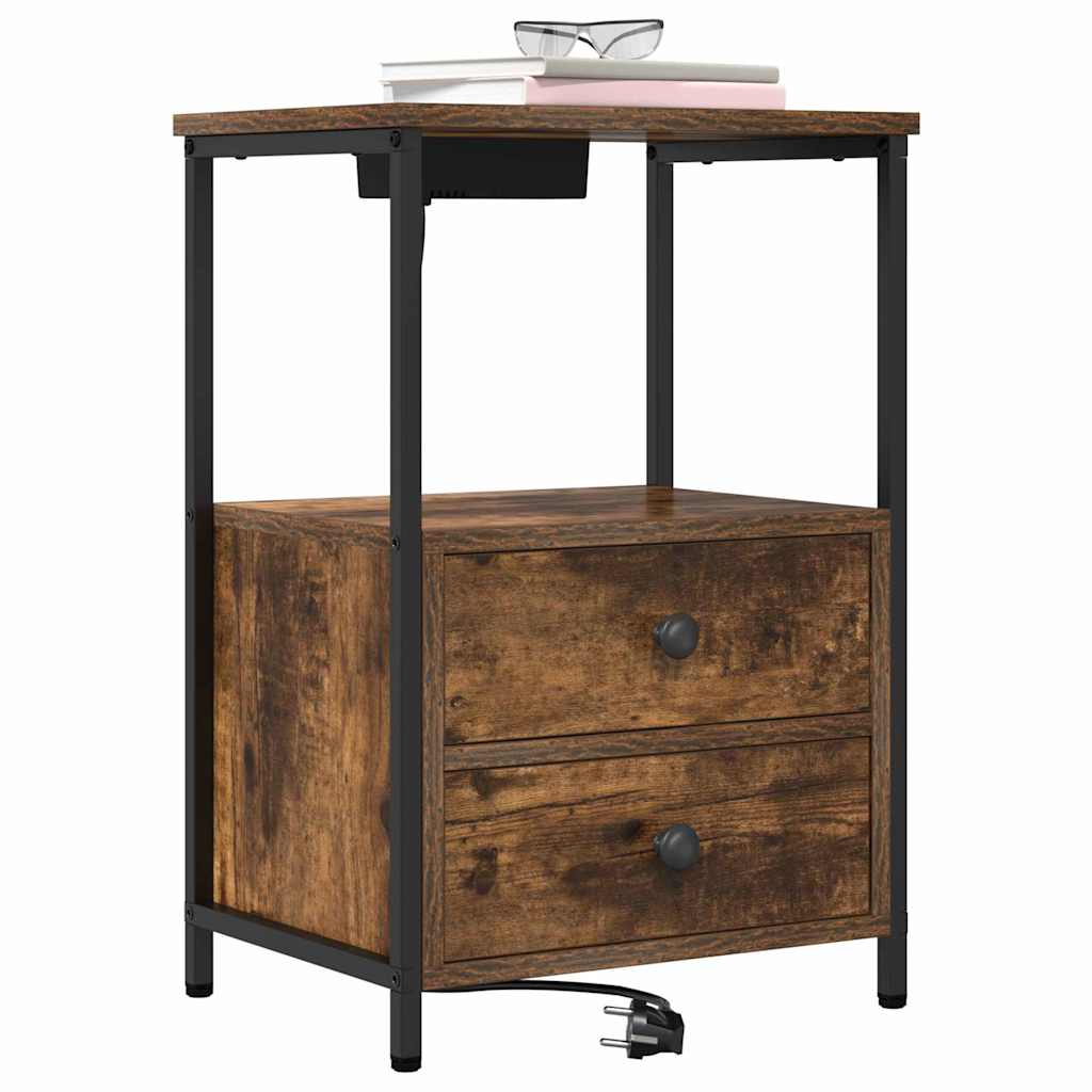 Bedside Cabinet with Charging Station 2 pcs Smoked oak