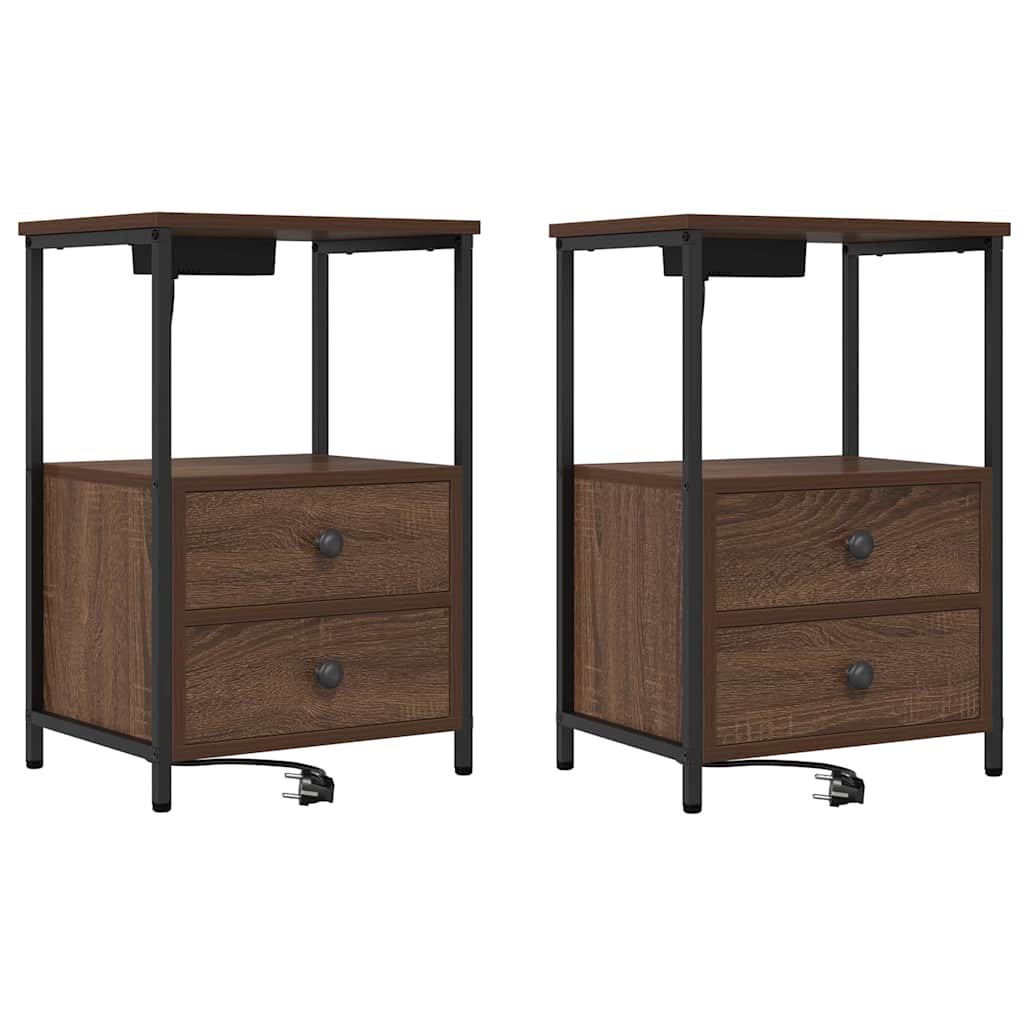 Bedside Cabinet with Charging Station 2 pcs Brown oak