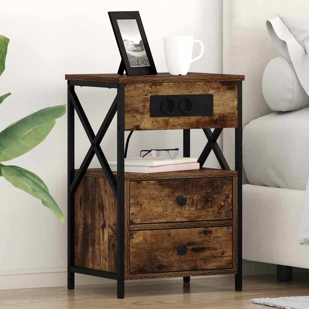 Bedside Cabinet with Charging Station with Drawer Smoked Oak