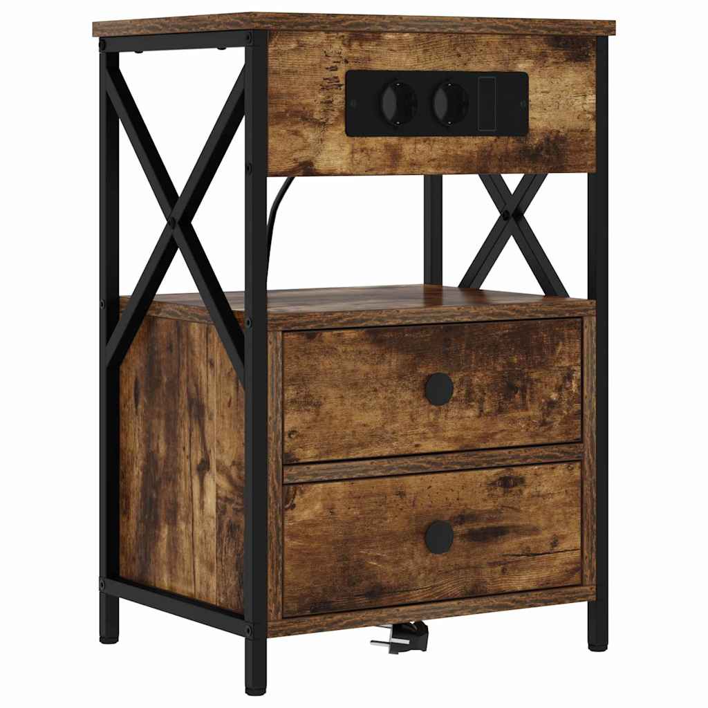 Bedside Cabinet with Charging Station with Drawer Smoked Oak