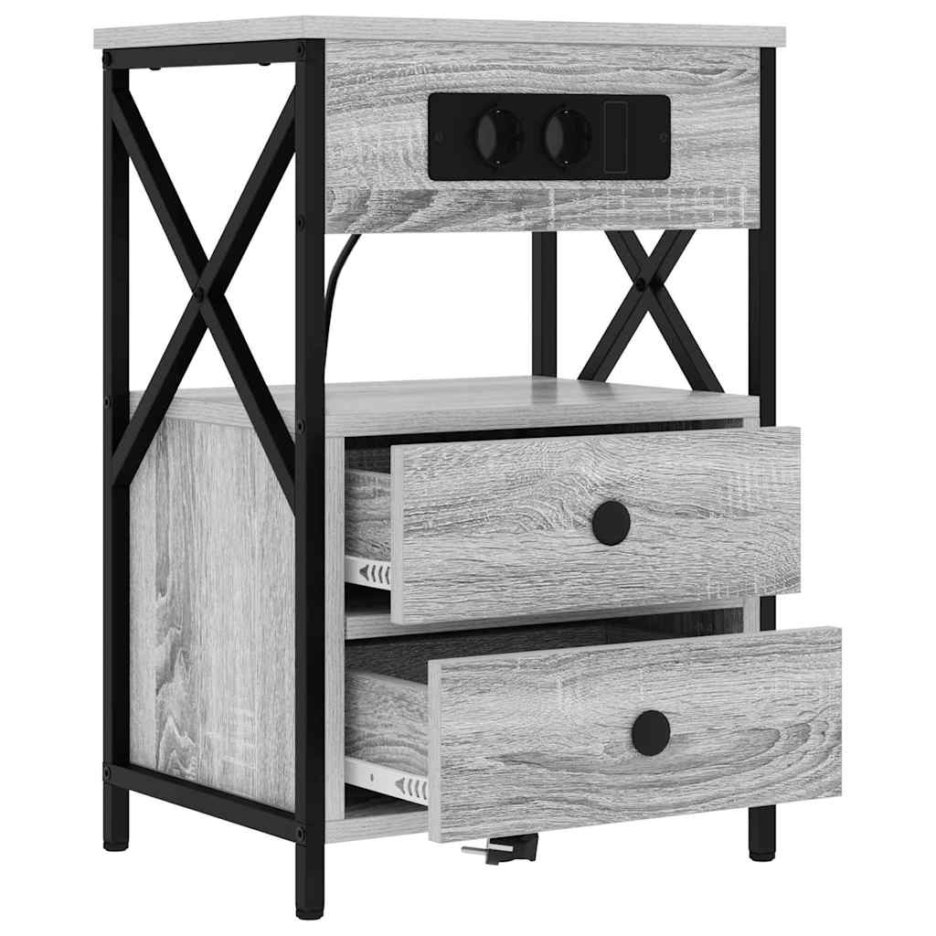 Bedside Cabinet with Charging Station with Drawer Grey sonoma