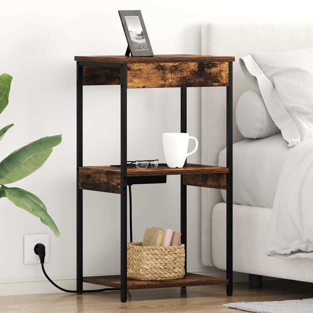 Bedside Cabinet with Charging Station with Shelf Smoked oak