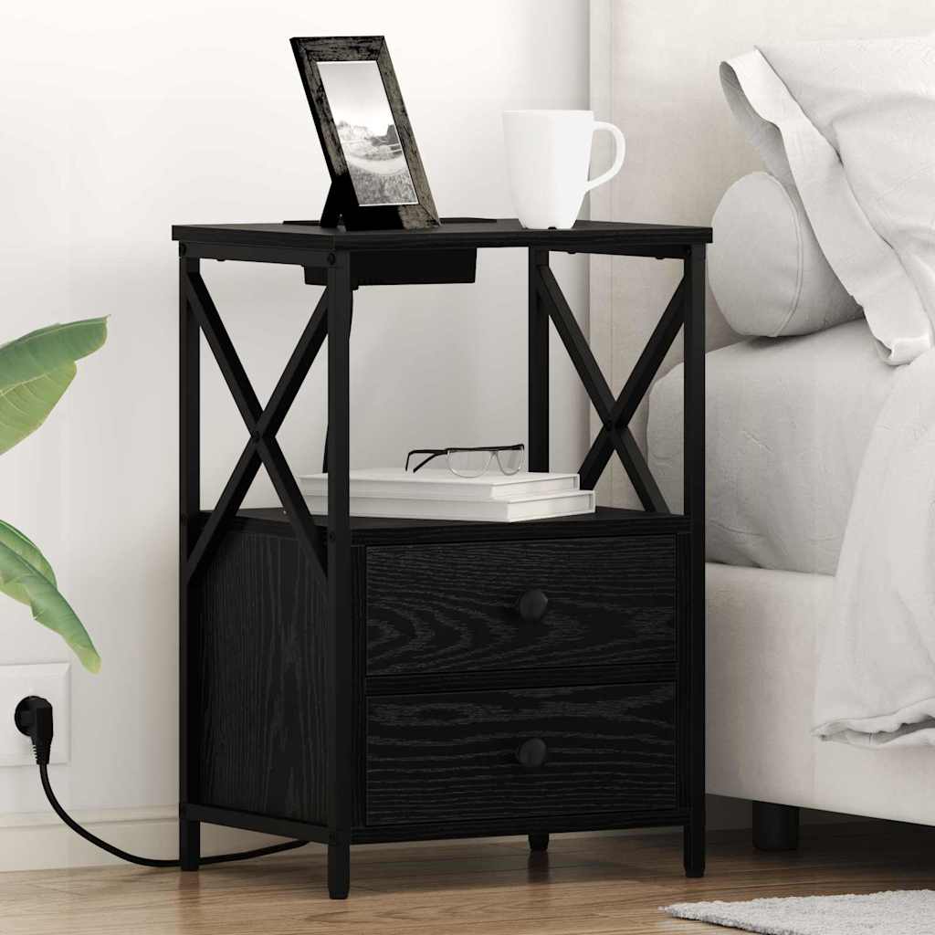Bedside Cabinet with Charging Station Black oak Engineered Wood