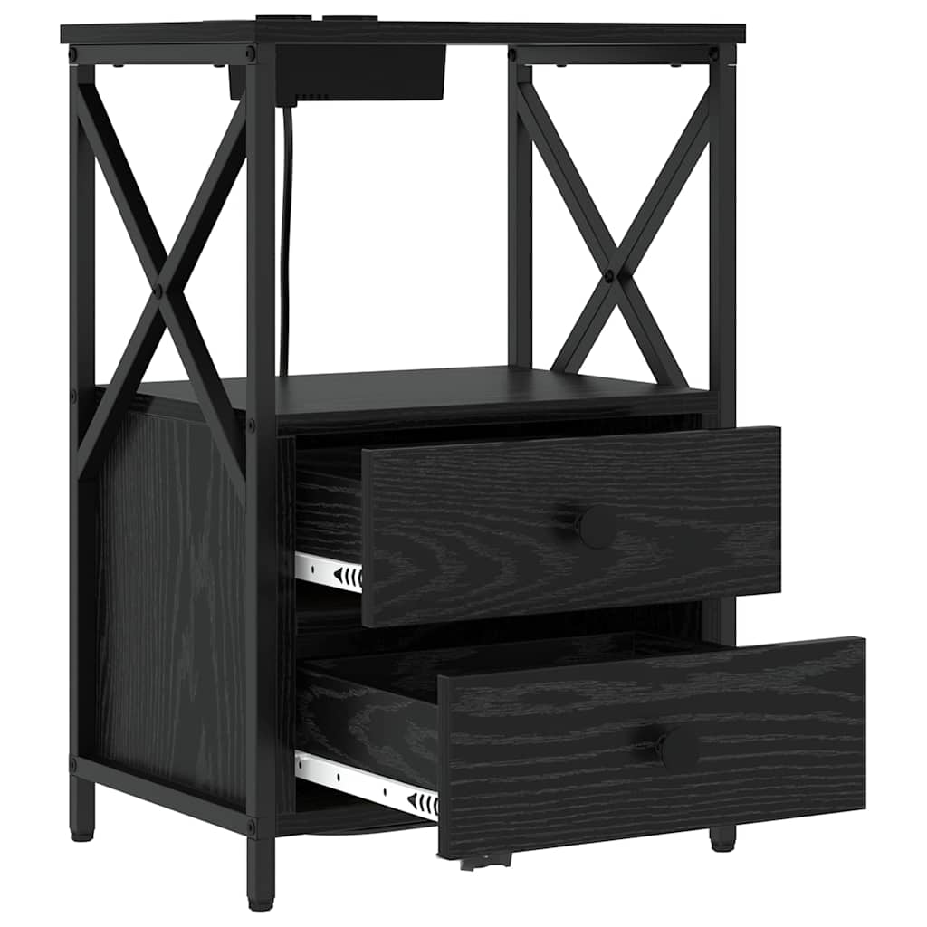 Bedside Cabinet with Charging Station Black oak Engineered Wood