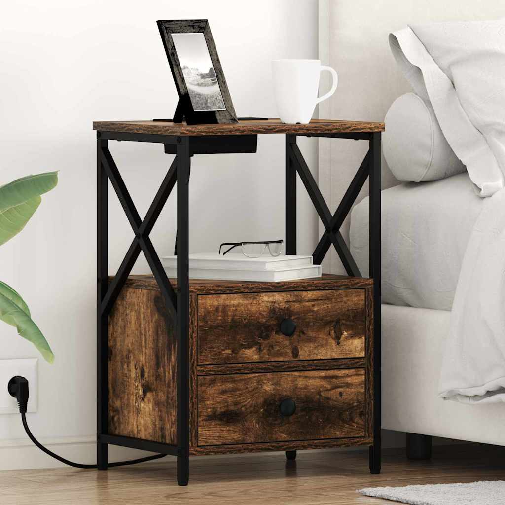 Bedside Cabinet with Charging Station with Drawer Smoked oak