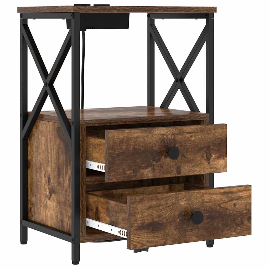 Bedside Cabinet with Charging Station with Drawer Smoked oak