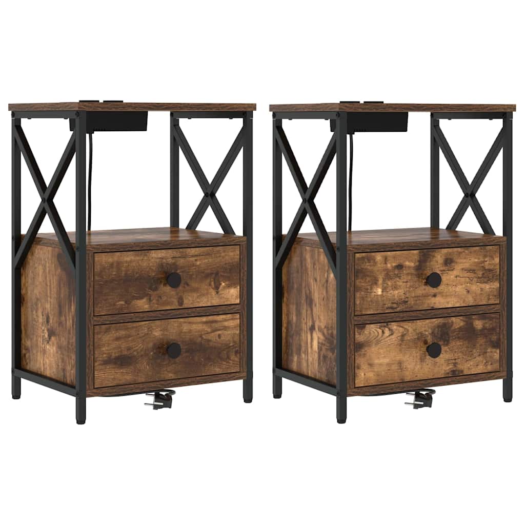 Bedside Cabinet with Charging Station with Drawer Smoked oak