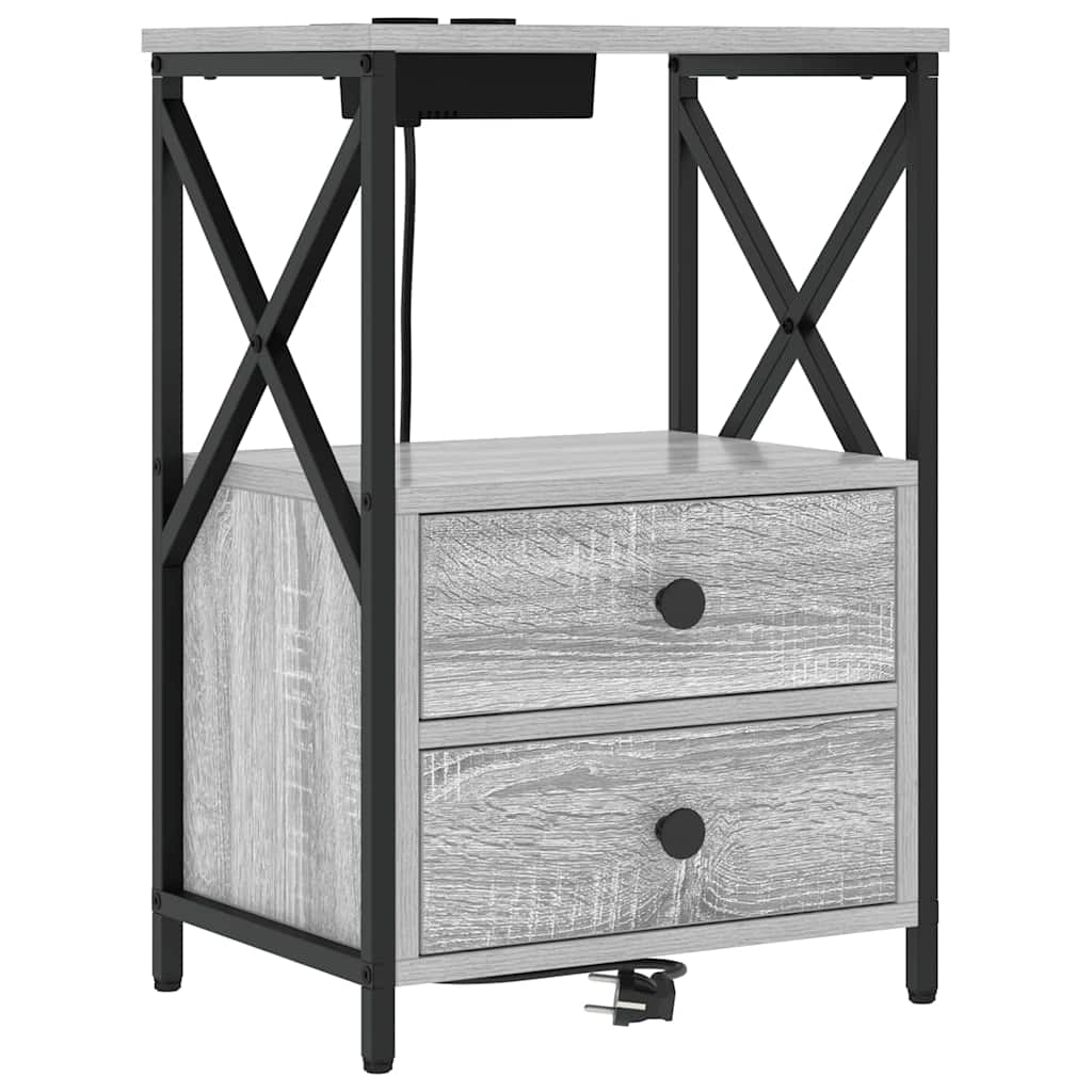 Bedside Cabinet with Charging Station with Drawer Grey sonoma