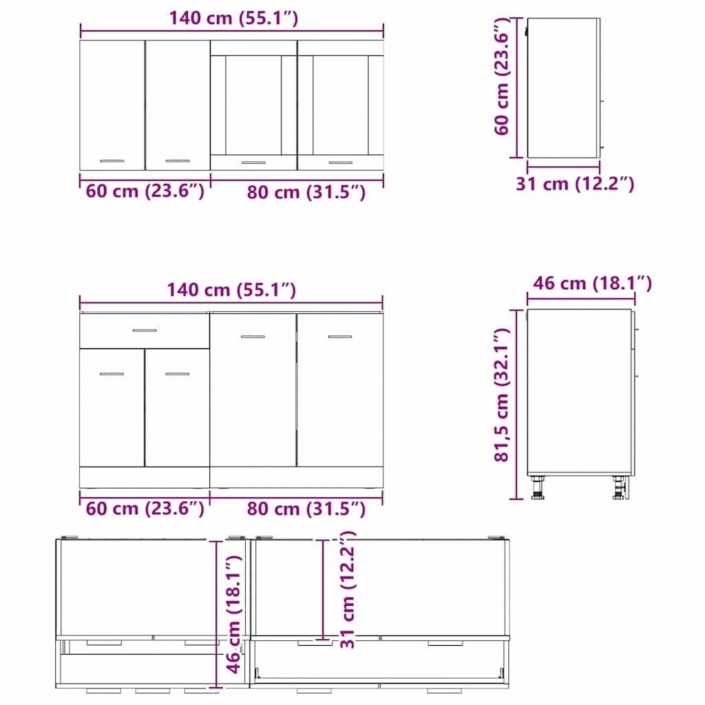 Kitchen Cabinet Set Lyon 4 pcs Smoked Oak 140 x 46 x 81.5 cm