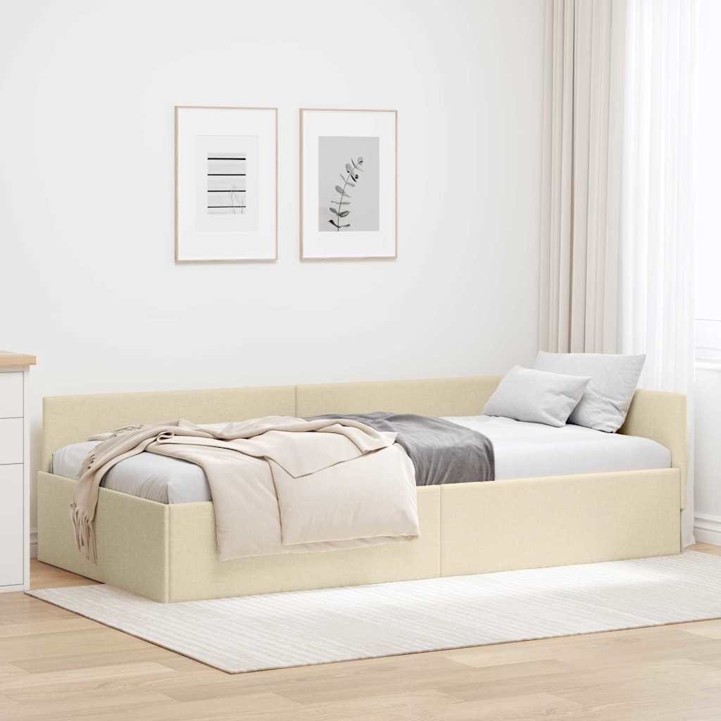 Corner Bed Frame Cream 100 x 200 cm Fabric and Engineered wood