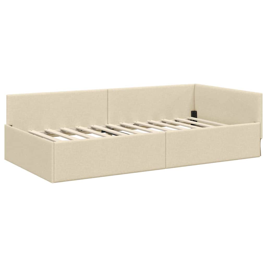 Corner Bed Frame Cream 100 x 200 cm Fabric and Engineered wood
