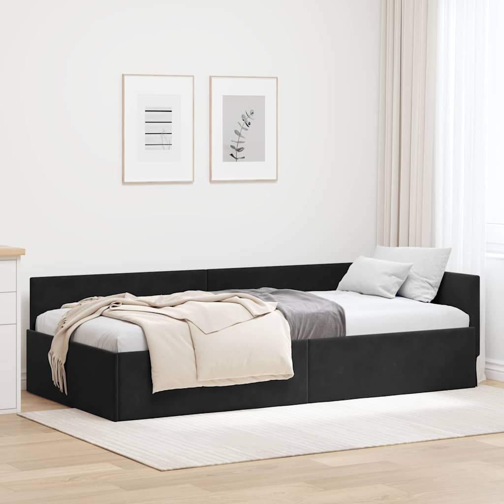 Corner Bed Frame Black 90 x 200 cm Velvet and Engineered wood