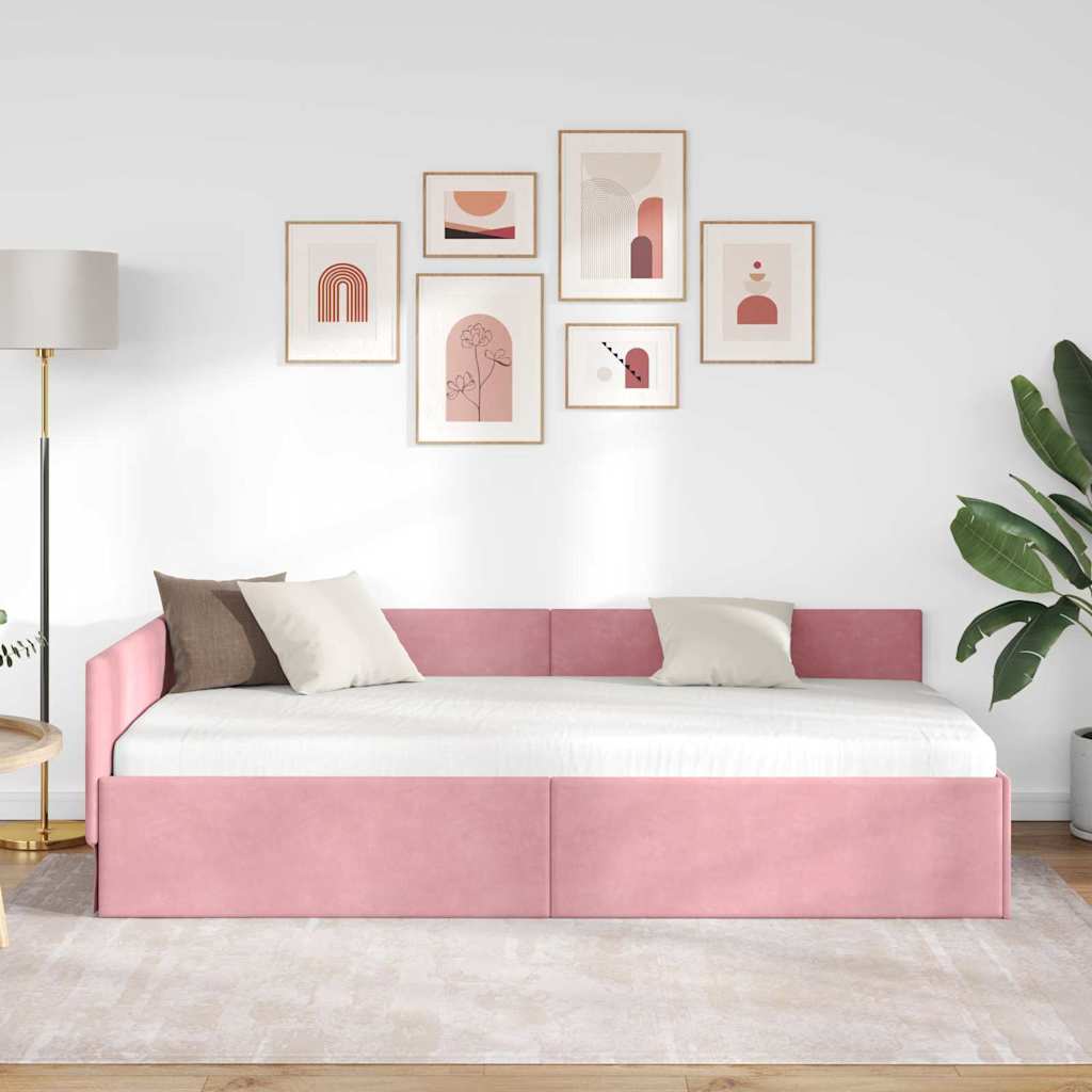 Corner Bed Frame Pink 100 x 200 cm Velvet and Engineered wood
