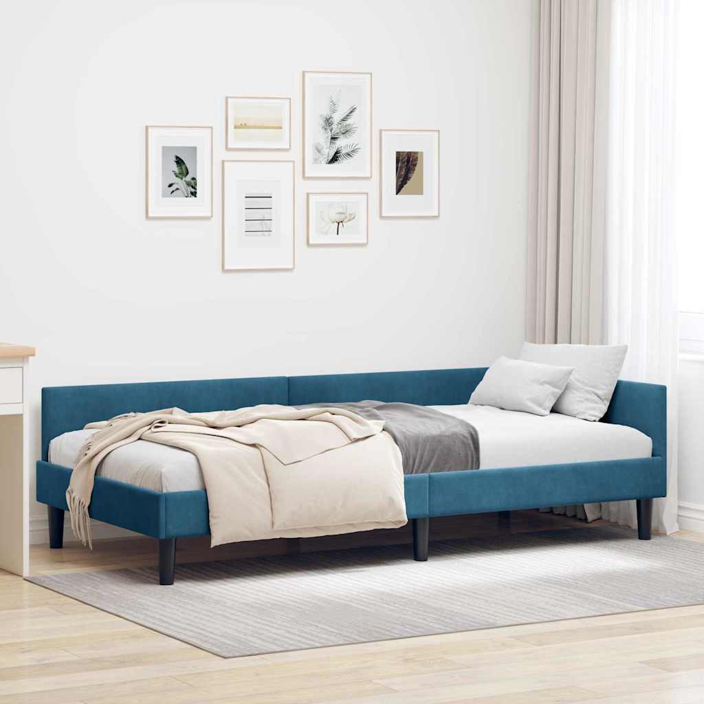 Corner Bed Frame Blue 90 x 190 cm Velvet and Engineered wood