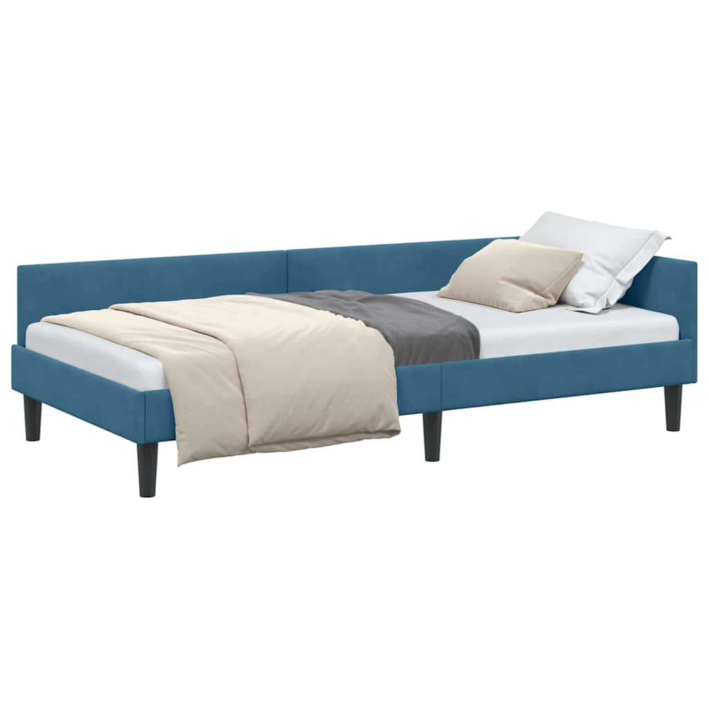 Corner Bed Frame Blue 90 x 190 cm Velvet and Engineered wood