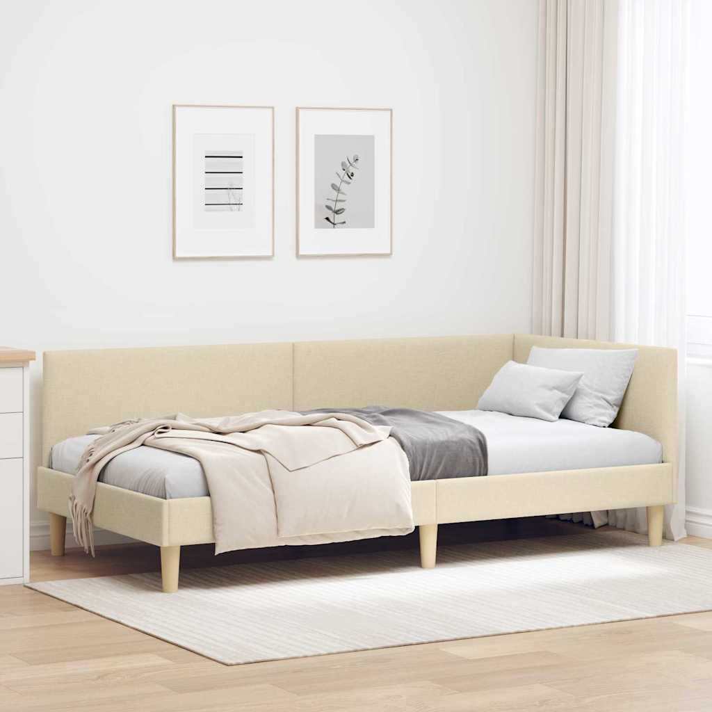 Corner Bed Frame Cream 90 x 200 cm Fabric and Engineered wood