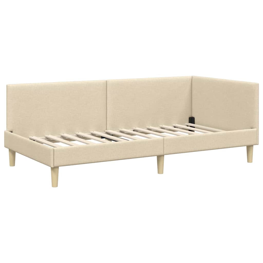 Corner Bed Frame Cream 90 x 200 cm Fabric and Engineered wood