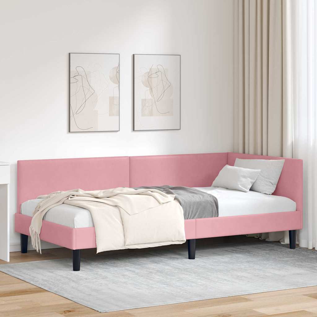 Corner Bed Frame Pink 90 x 200 cm Velvet and Engineered wood