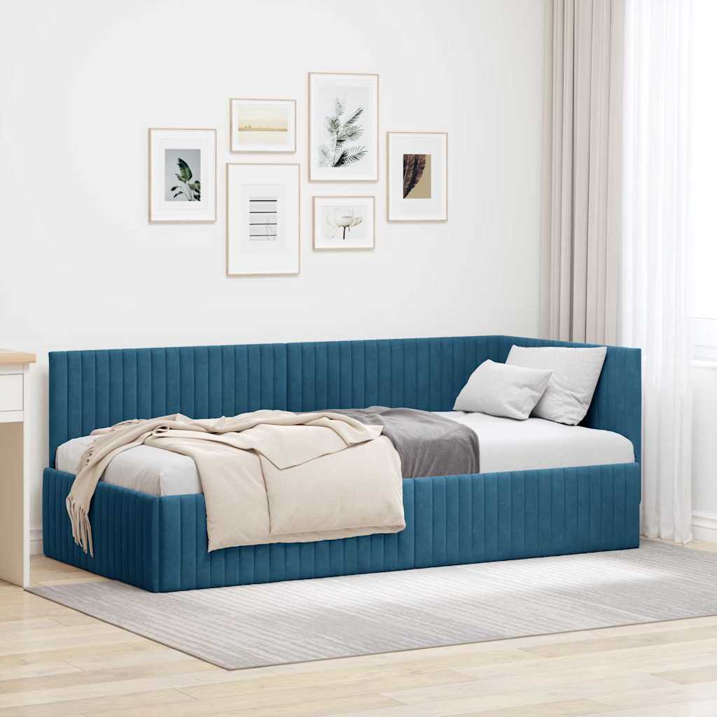 Corner Bed Frame with Headboard Blue 90 x 190 cm Velvet