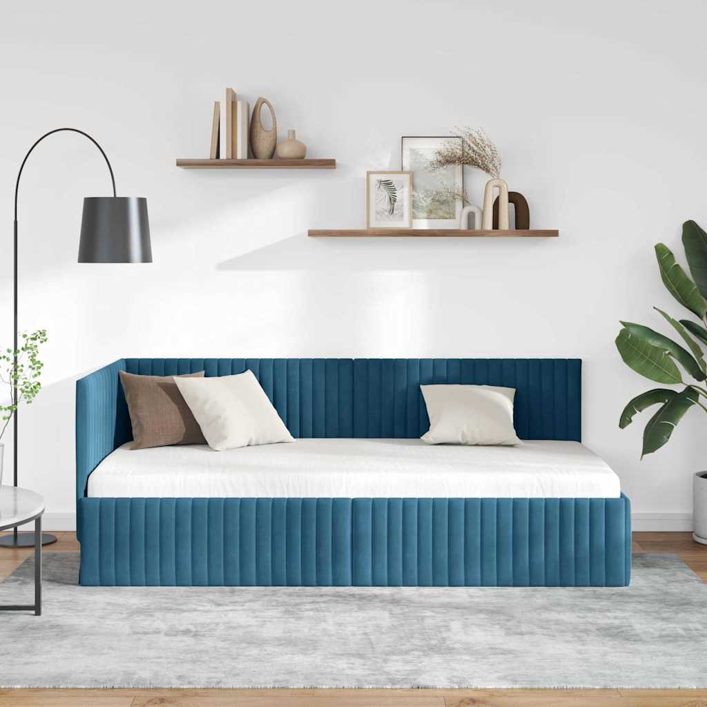 Corner Bed Frame with Headboard Blue 90 x 190 cm Velvet