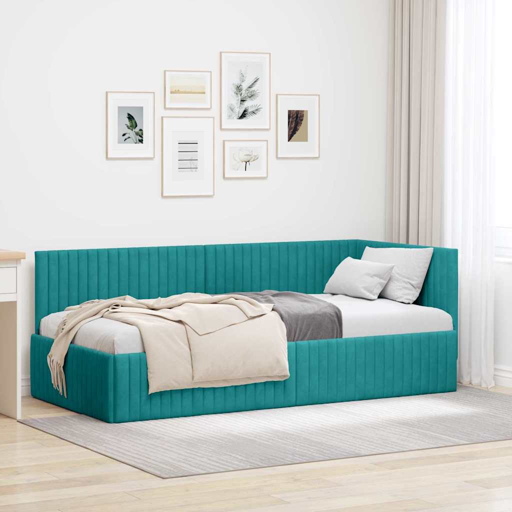 Corner Bed Frame with Headboard Turquoise 90 x 190 cm Velvet