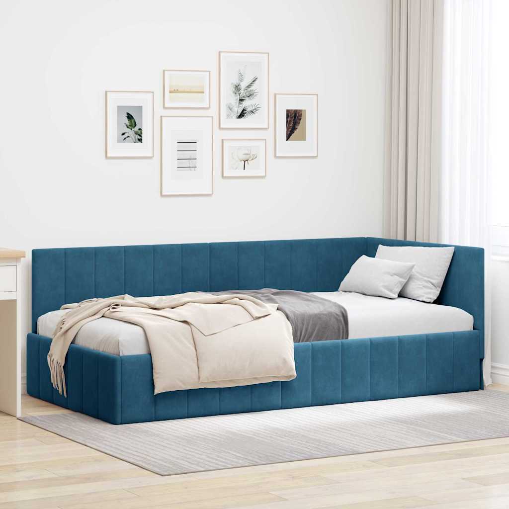 Corner Bed Frame with Headboard Blue 90 x 190 cm Velvet