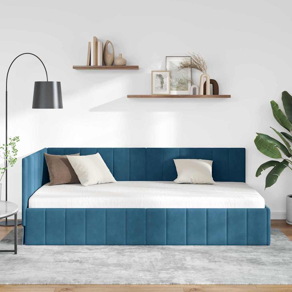 Corner Bed Frame with Headboard Blue 90 x 190 cm Velvet
