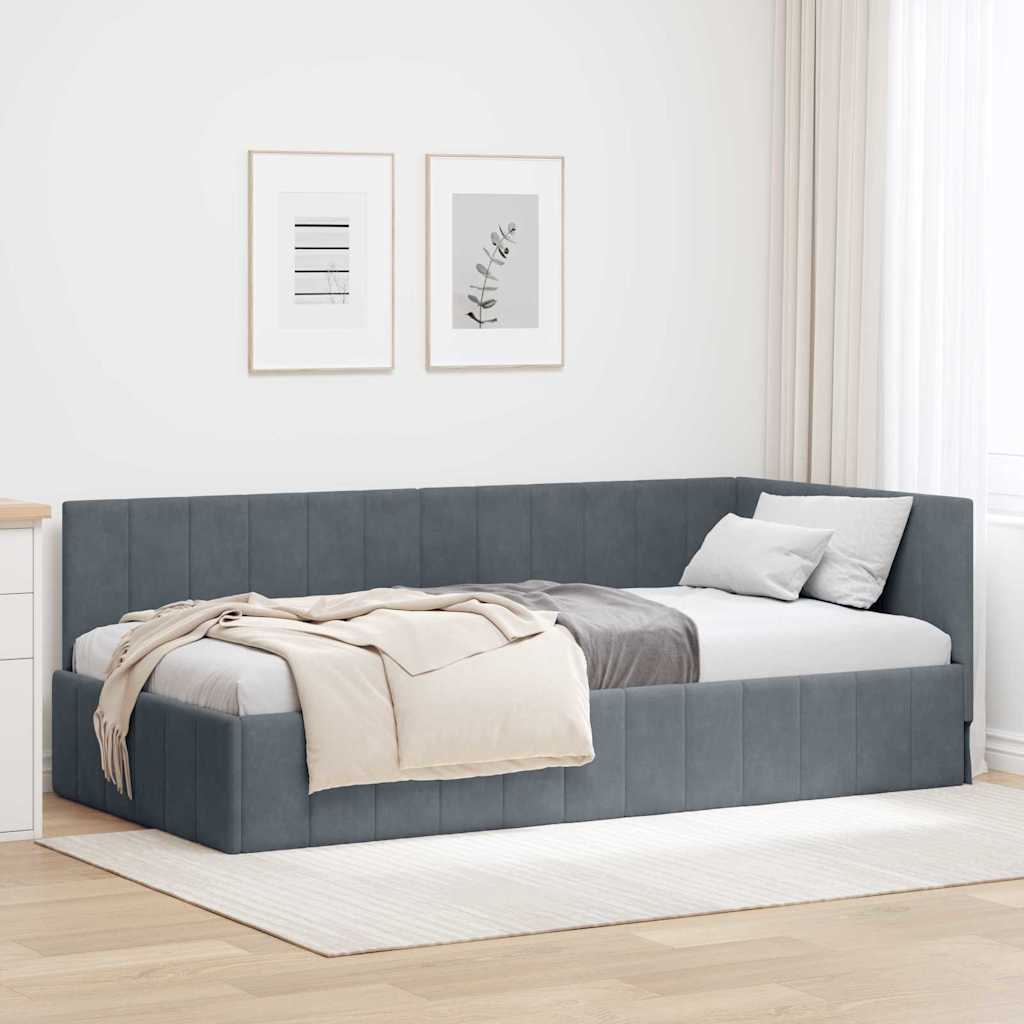Corner Bed Frame with Headboard Dark grey 90 x 190 cm Velvet