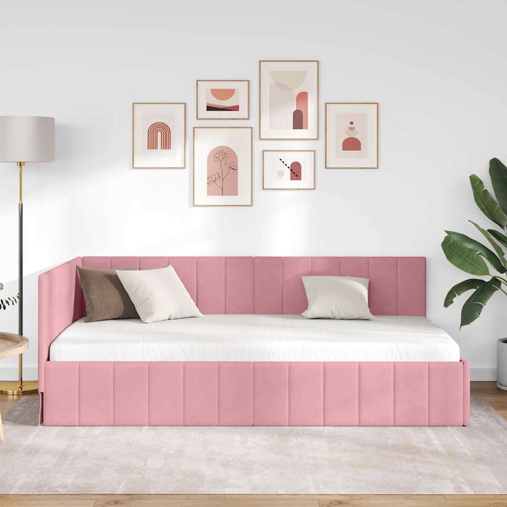 Corner Bed Frame with Headboard Pink 90 x 190 cm Velvet