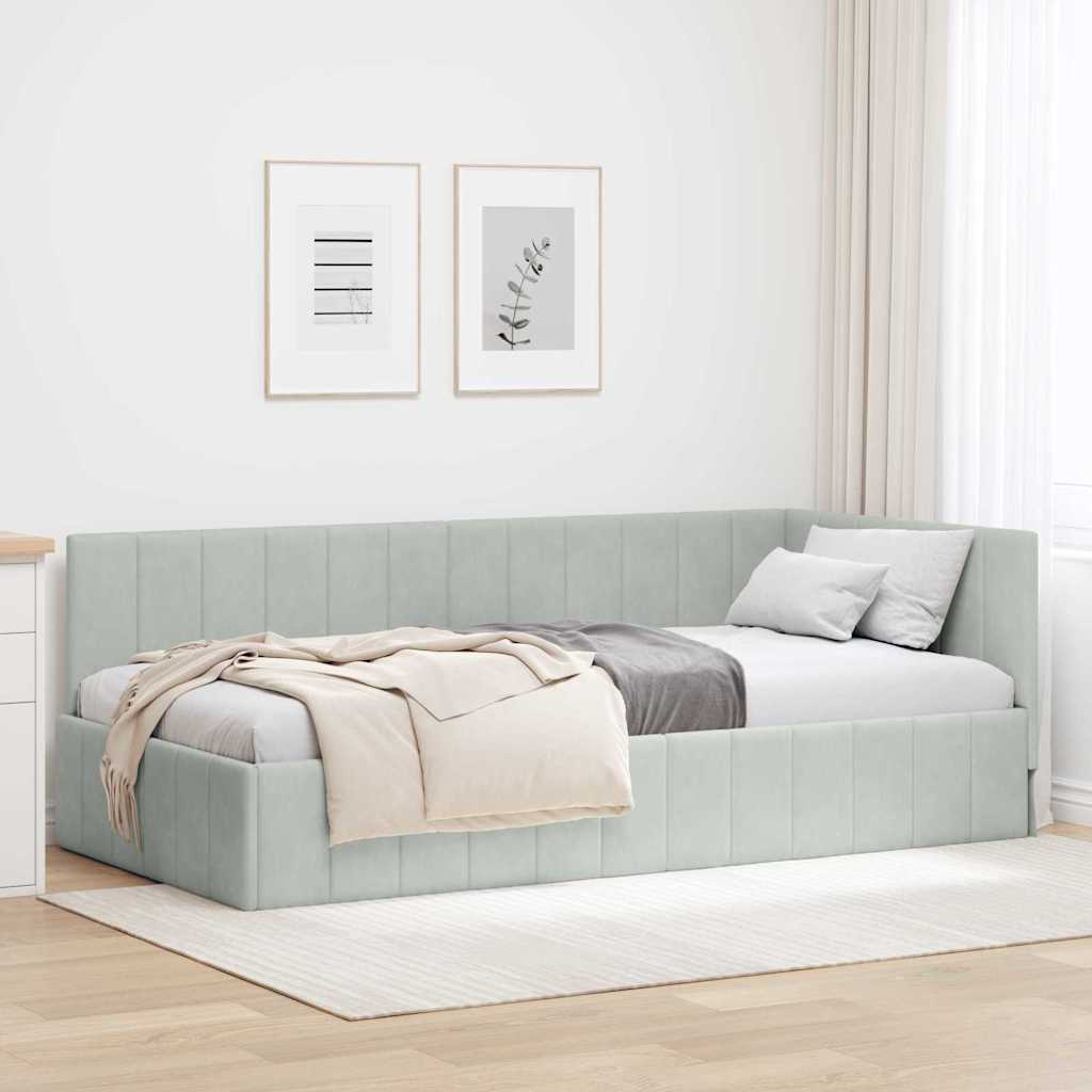 Corner Bed Frame with Headboard Light grey 90 x 200 cm Velvet