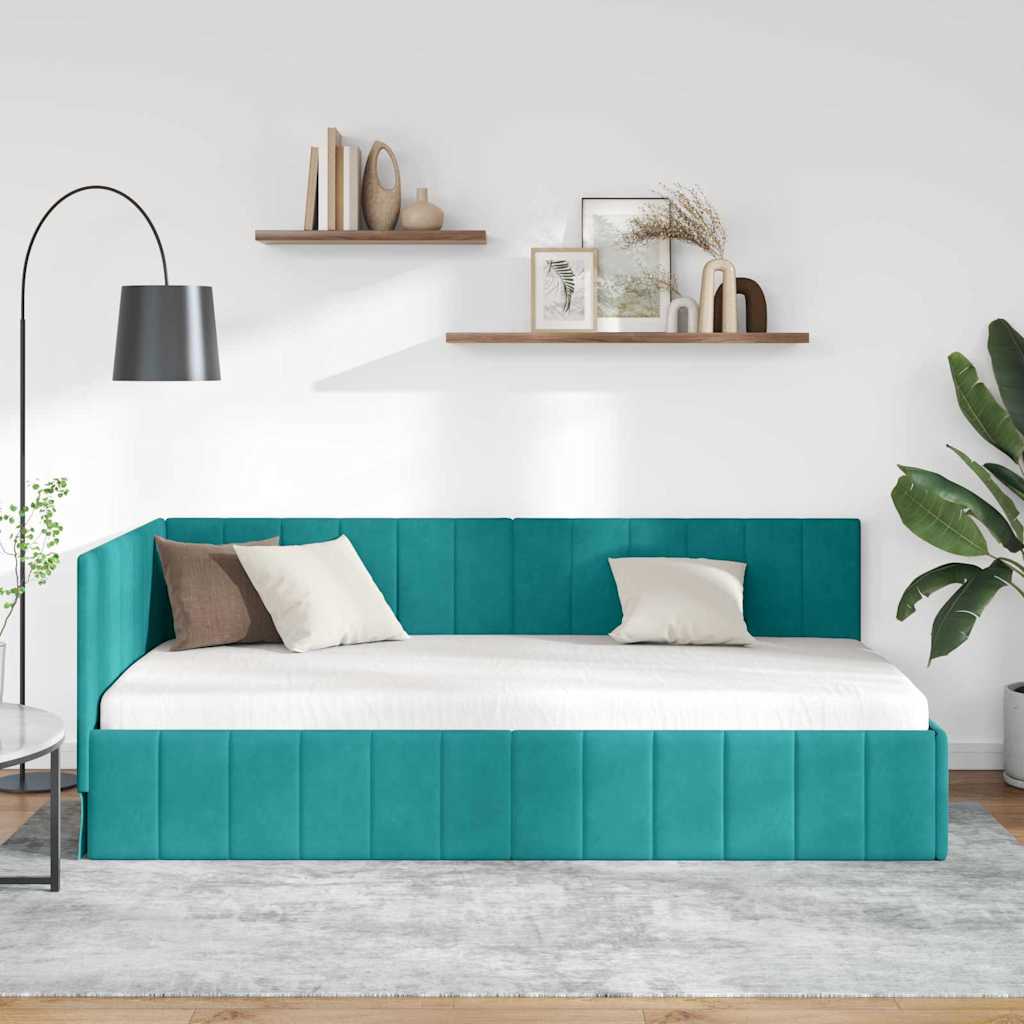 Corner Bed Frame with Headboard Turquoise 90 x 200 cm Velvet