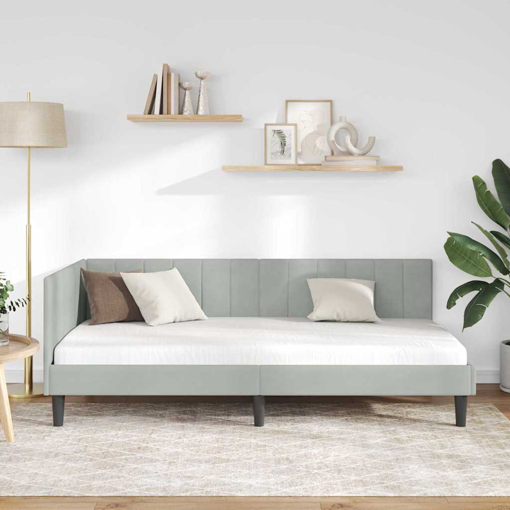 Corner Bed Frame with Headboard Light grey 90 x 190 cm Velvet