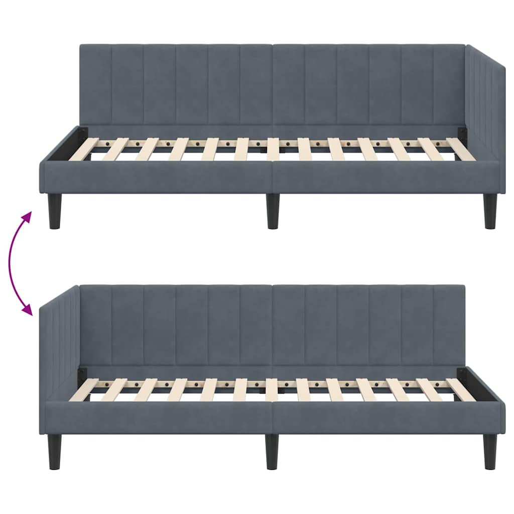 Corner Bed Frame with Headboard Dark grey 90 x 190 cm Velvet