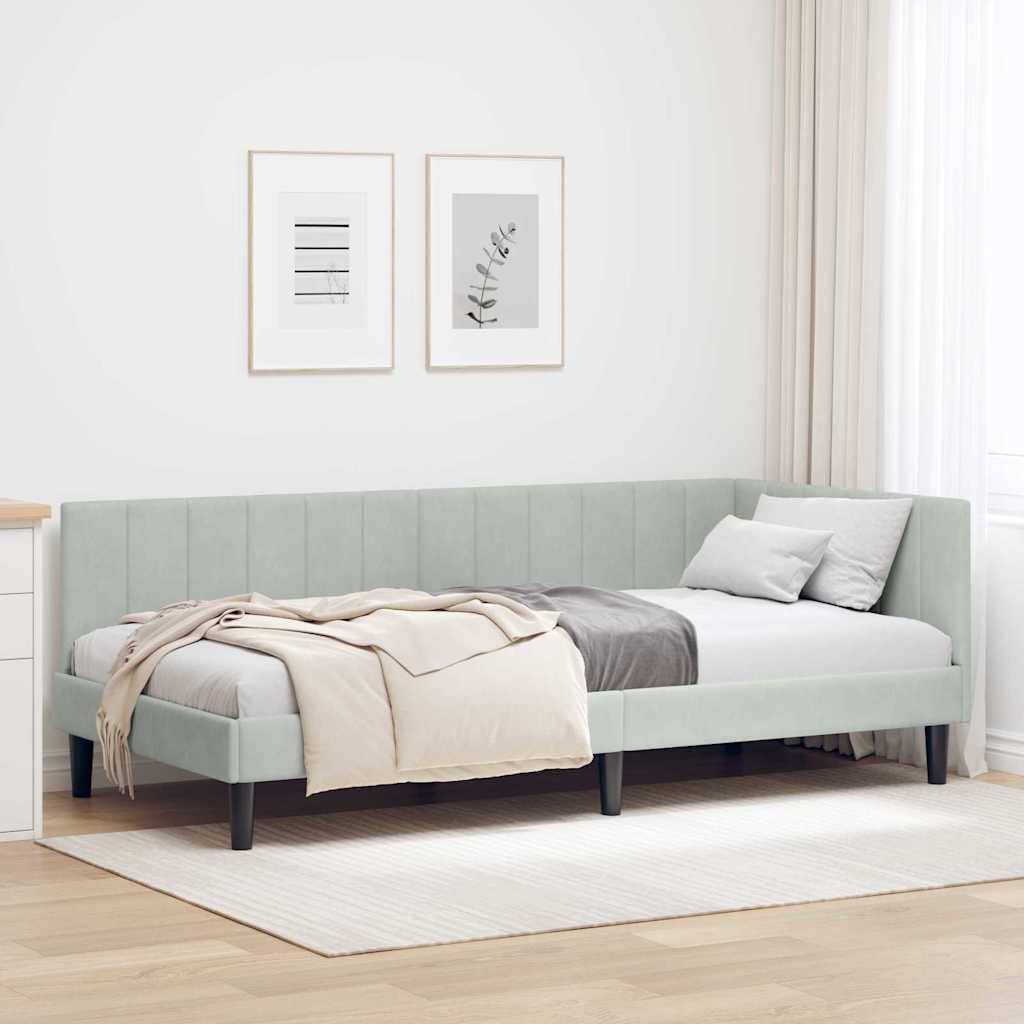 Corner Bed Frame with Headboard Light grey 90 x 200 cm Velvet