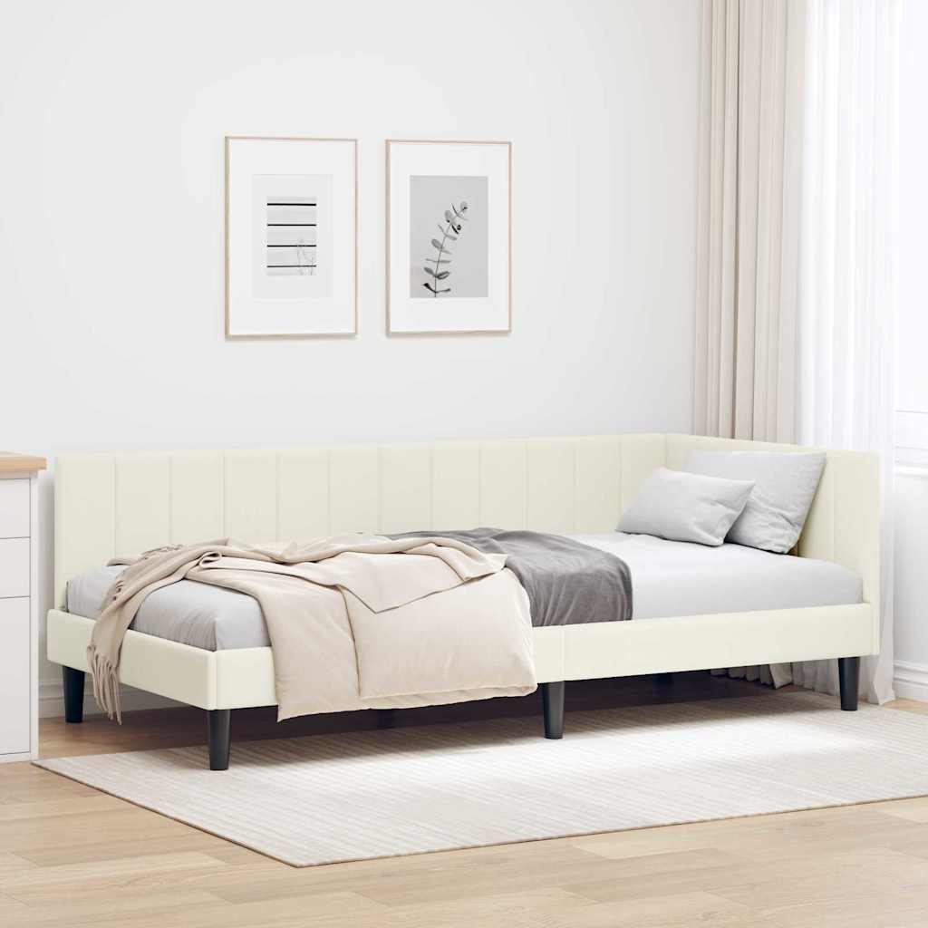 Corner Bed Frame with Headboard Cream 90 x 200 cm Velvet