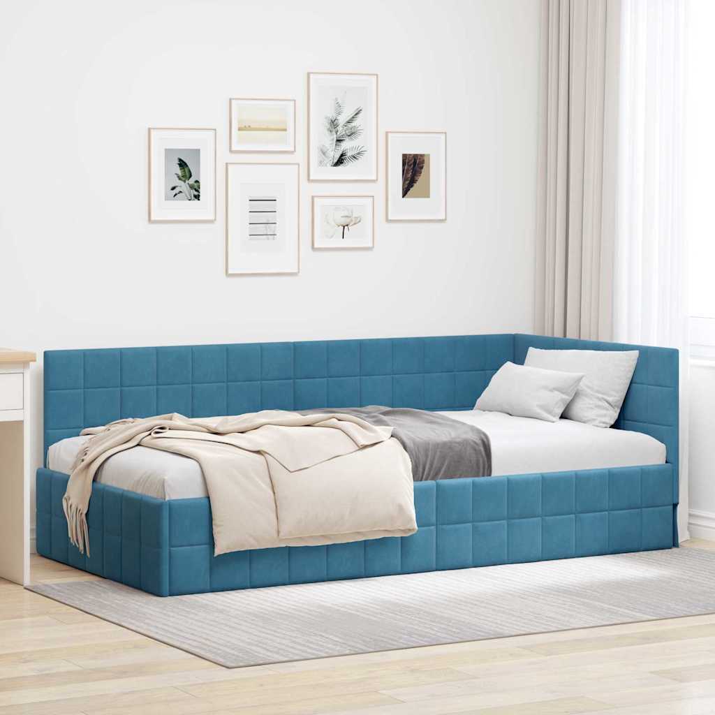Corner Bed Frame with Headboard Blue 90 x 190 cm Velvet