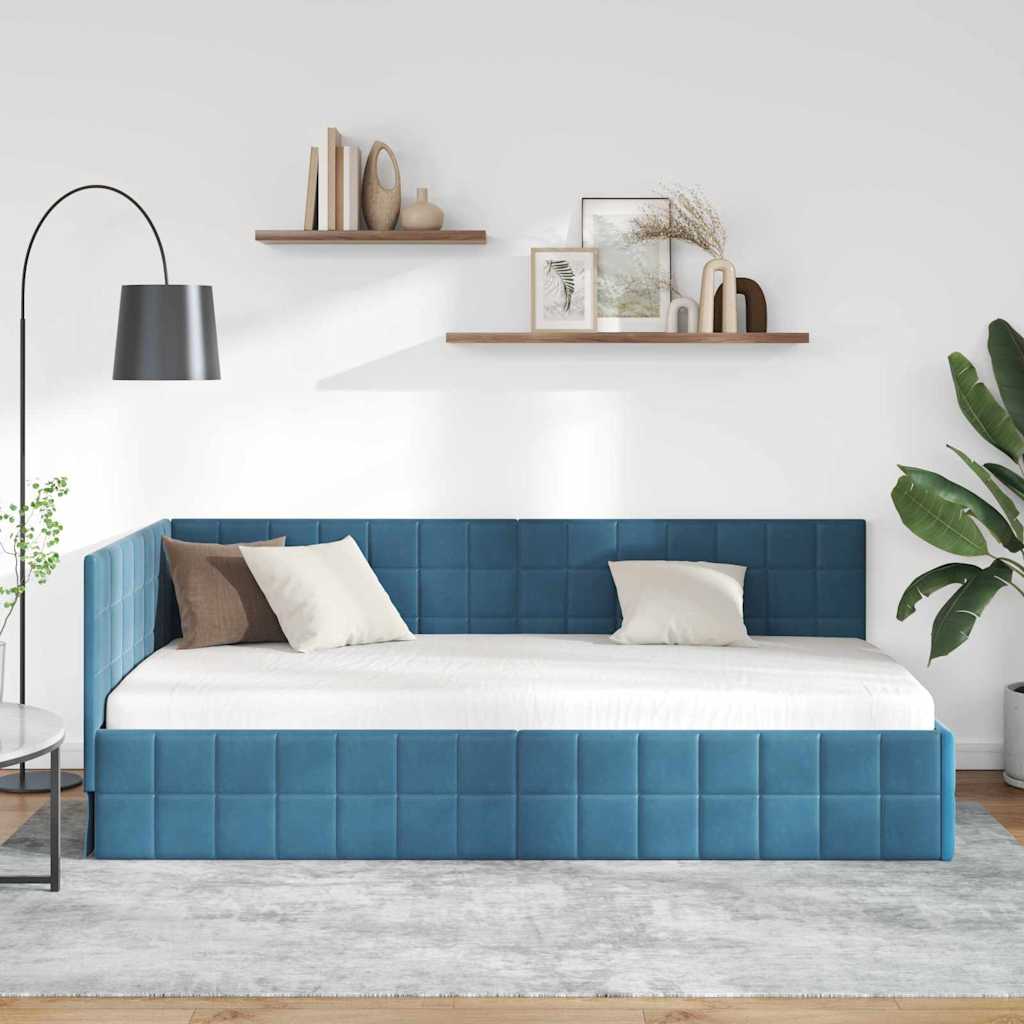 Corner Bed Frame with Headboard Blue 90 x 190 cm Velvet