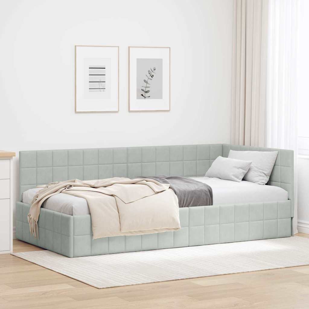Corner Bed Frame with Headboard Light grey 90 x 190 cm Velvet