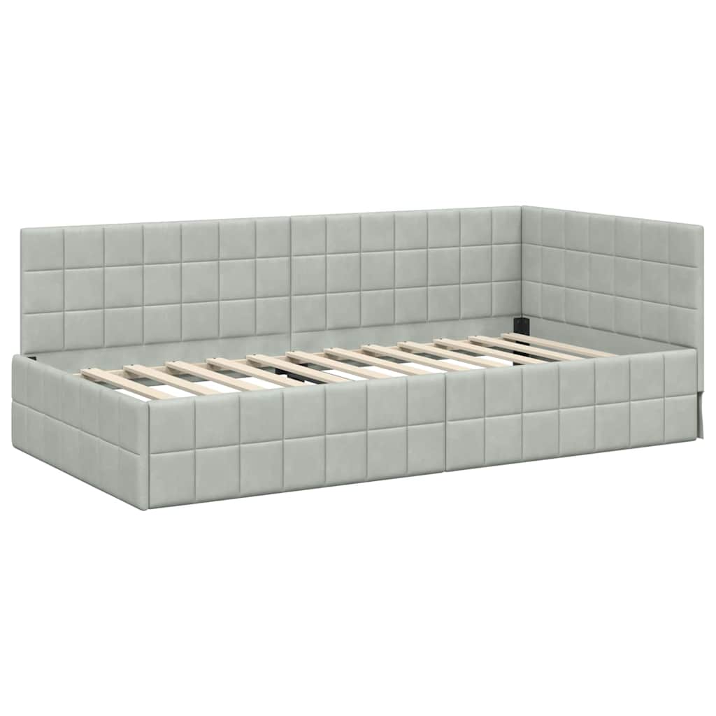 Corner Bed Frame with Headboard Light grey 90 x 190 cm Velvet