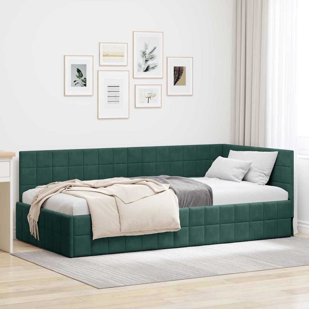 Corner Bed Frame with Headboard Dark green 90 x 190 cm Velvet