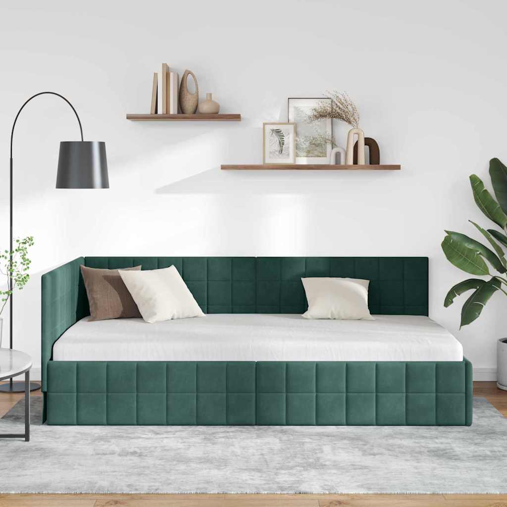Corner Bed Frame with Headboard Dark green 90 x 190 cm Velvet