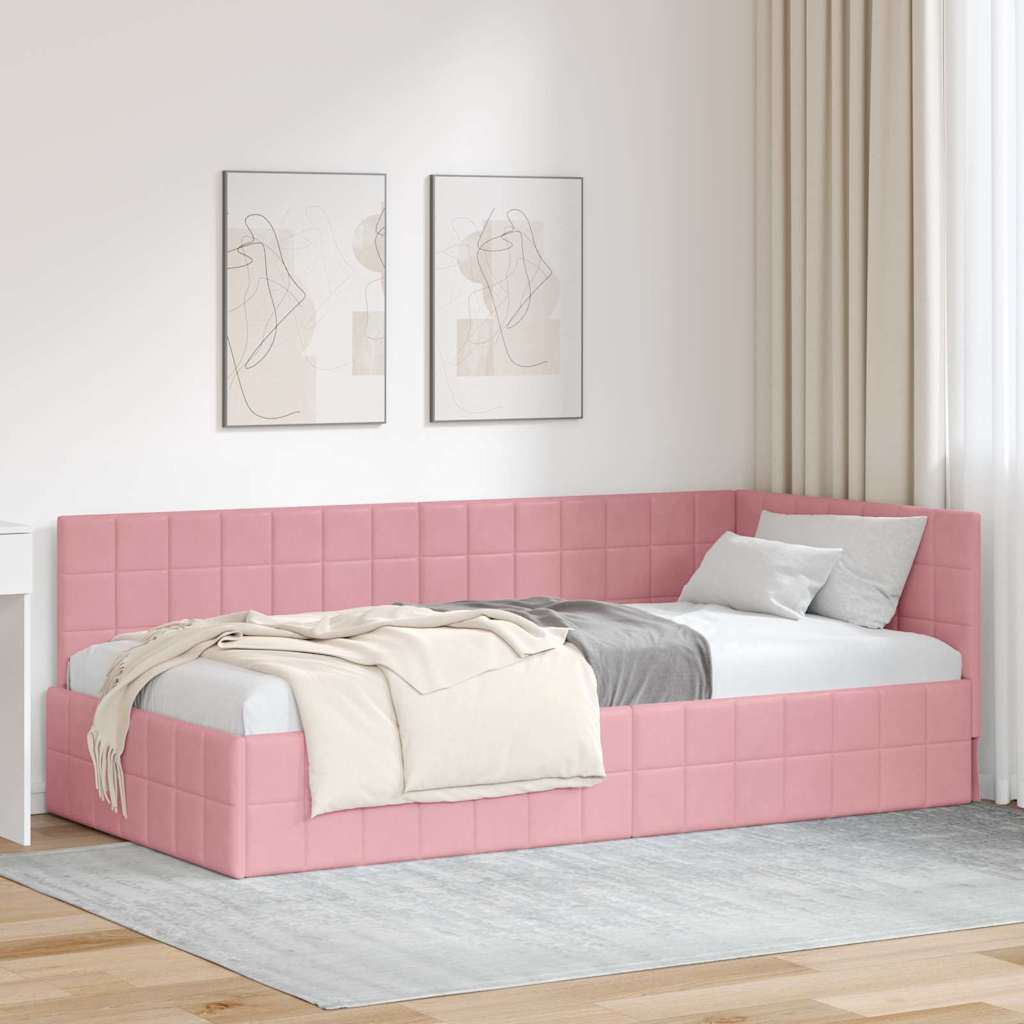 Corner Bed Frame with Headboard Pink 90 x 190 cm Velvet