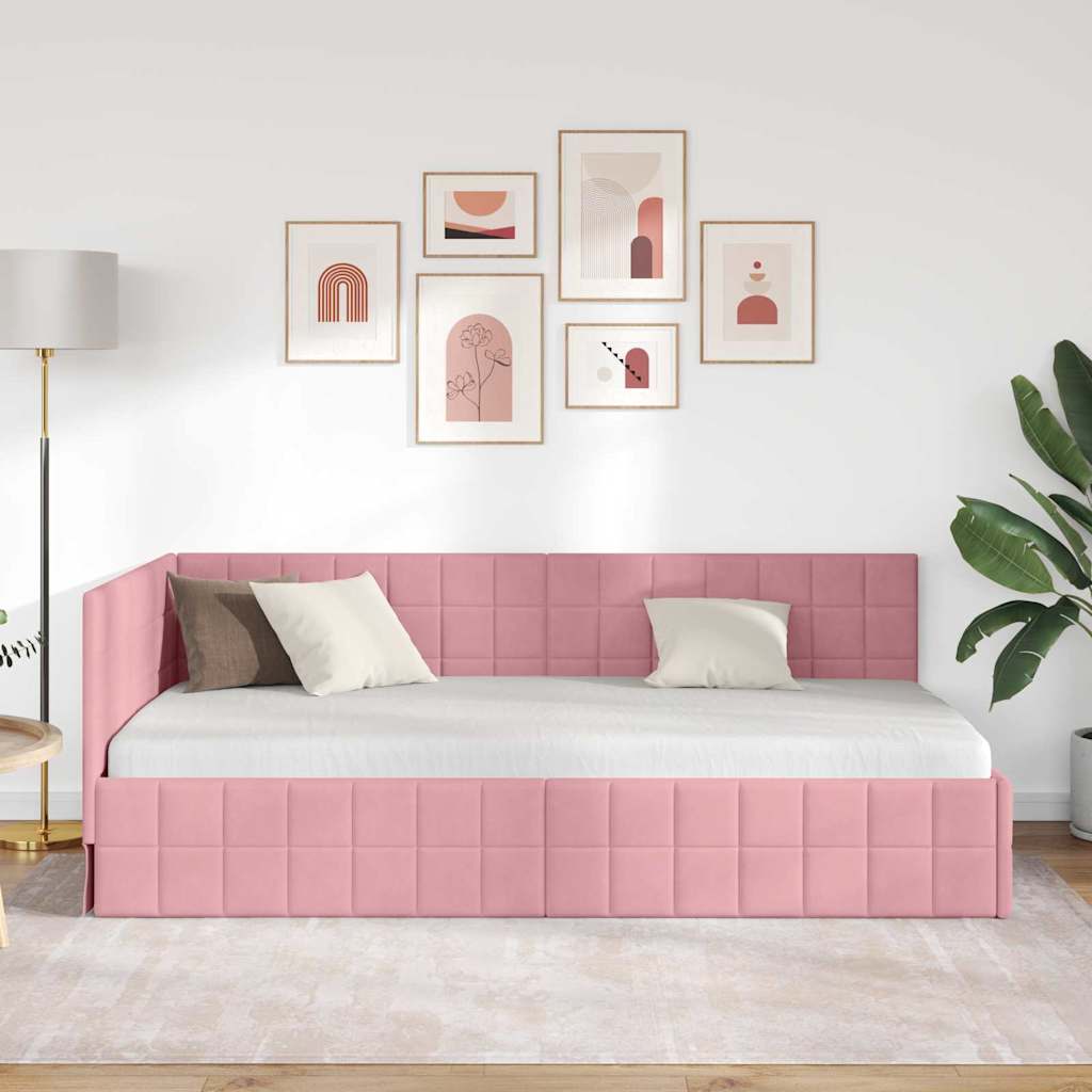 Corner Bed Frame with Headboard Pink 90 x 190 cm Velvet