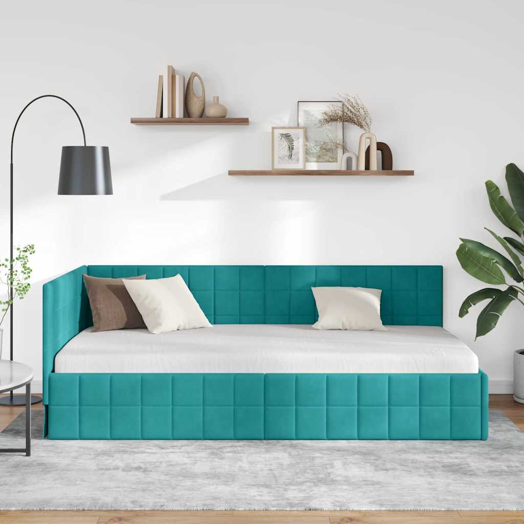 Corner Bed Frame with Headboard Turquoise 90 x 190 cm Velvet